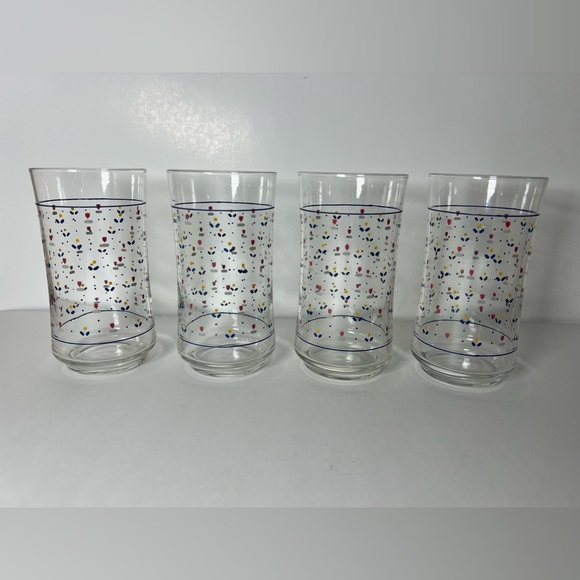 Lot of 4 VTG Sango Country Borders 12oz Glass Tumblers Mini Tulips Dots - Picture 2 of 10